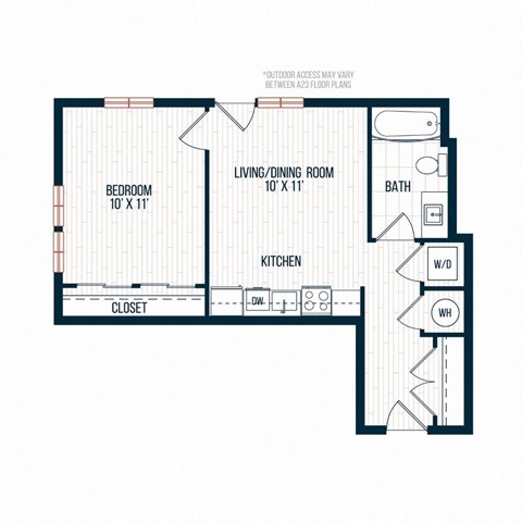 Floor plan for 1 bed, 1 bath, 588 sqft